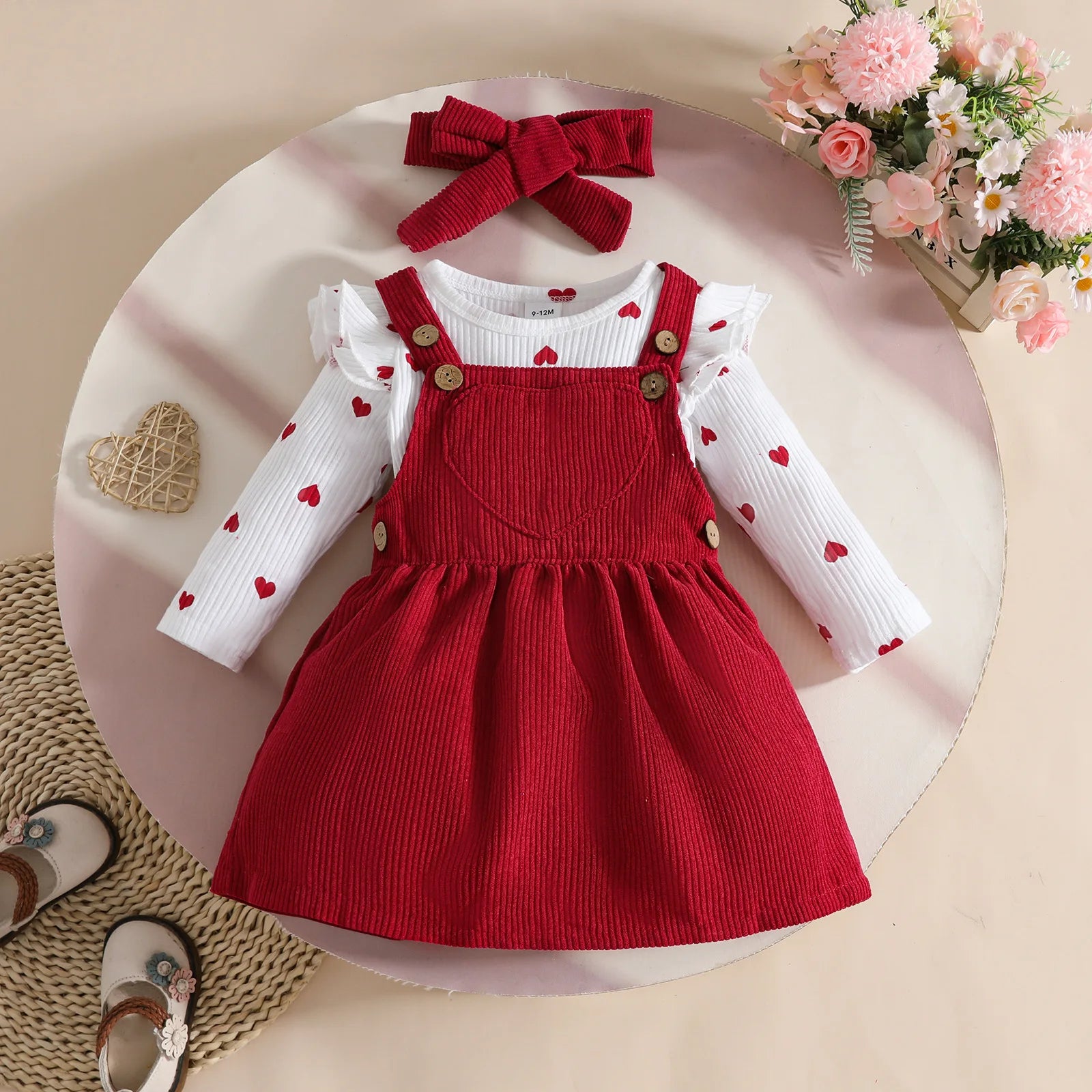 baby بنات' خريف three-piece clothing طقم أكمام طويلة love triangle harper corduroy strap جيب hair belt طقم
