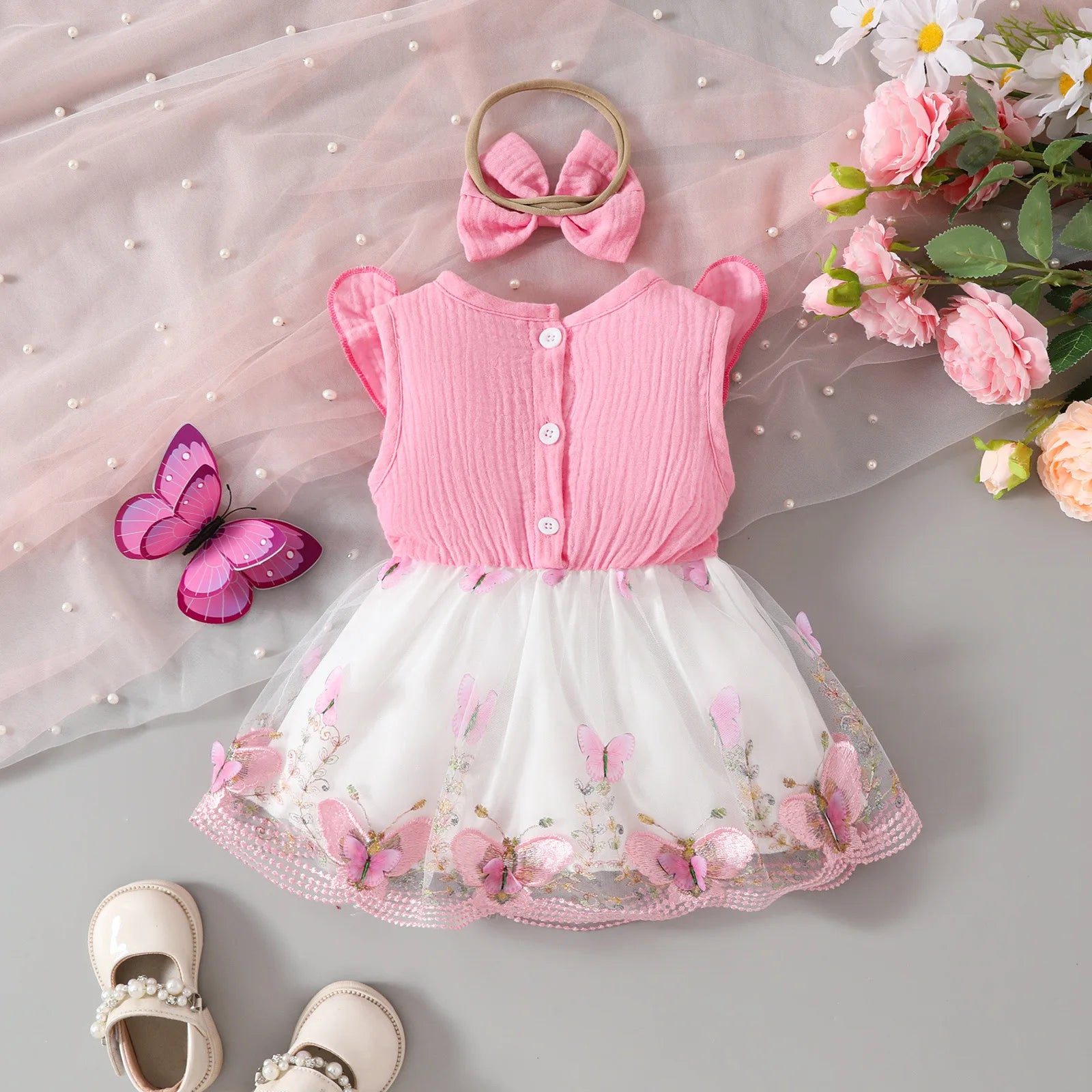 baby بدون أكمام ruffled bow with pink double بليسيه تل patchwork جيب butterfly shaped wavy جيب