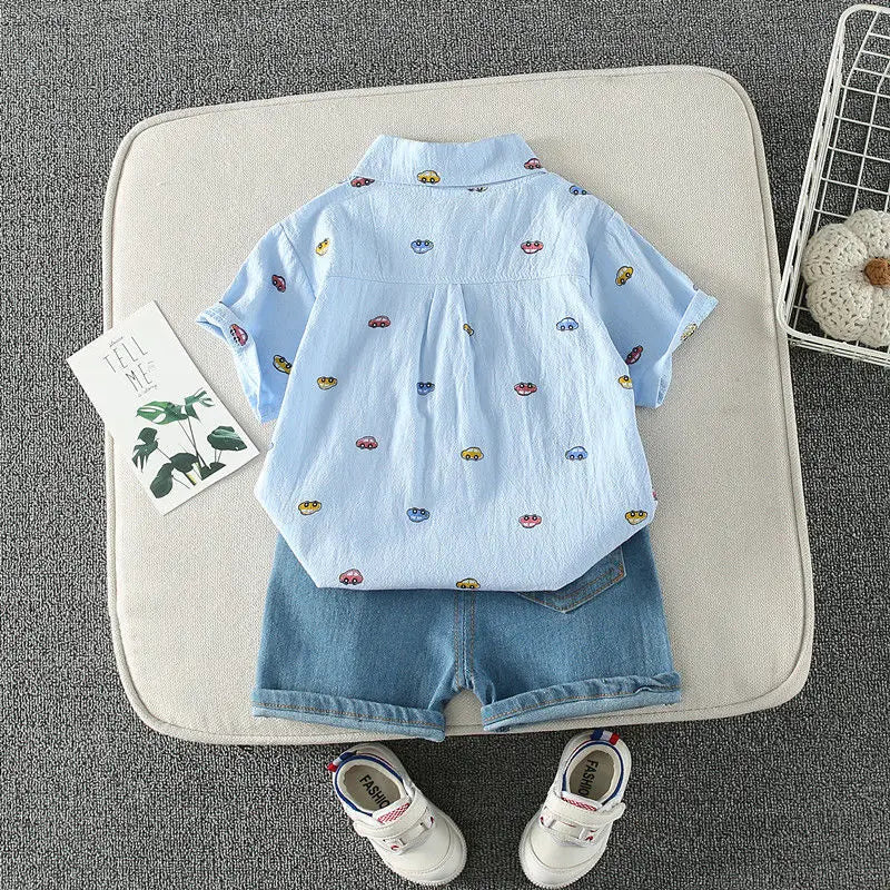 أولاد odm cotton طقم قطعتين أكمام قصيرة صيف بدلة with print كاجوال خفيف breathable shirt & jeans for children