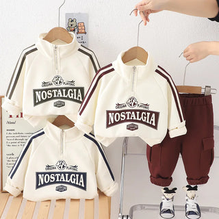 أولاد' ربيع وخريف طقم with ستايل غربي ستايل half zipper stand up collar، أكمام طويلة طقم قطعتين baby's كاجوال clothes