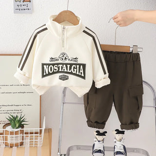 أولاد' ربيع وخريف طقم with ستايل غربي ستايل half zipper stand up collar، أكمام طويلة طقم قطعتين baby's كاجوال clothes