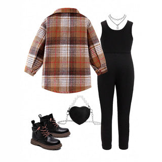 كاجوال بنات' fall/شتاء plaid print أكمام طويلة coat with solid color pit بدون أكمام جمبسوت بدلة