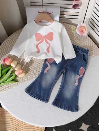كاجوال جديد cross-border بنات طقم قطعتين round neck printed knit توب and دينم bow embroidered jeans with solid pattern