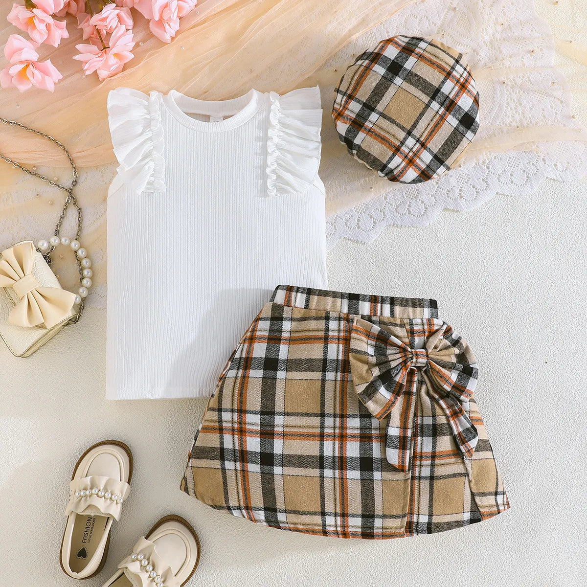 children's clothing for بنات 2-8y exquisite ruffled cuffs with bow decoration توب checkered قصير جيب with hat 3pcs طقم