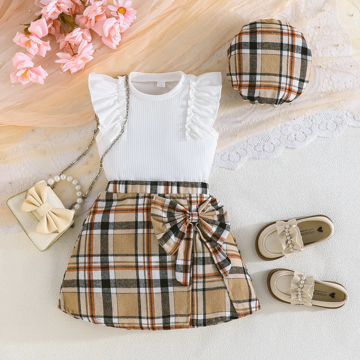 children's clothing for بنات 2-8y exquisite ruffled cuffs with bow decoration توب checkered قصير جيب with hat 3pcs طقم
