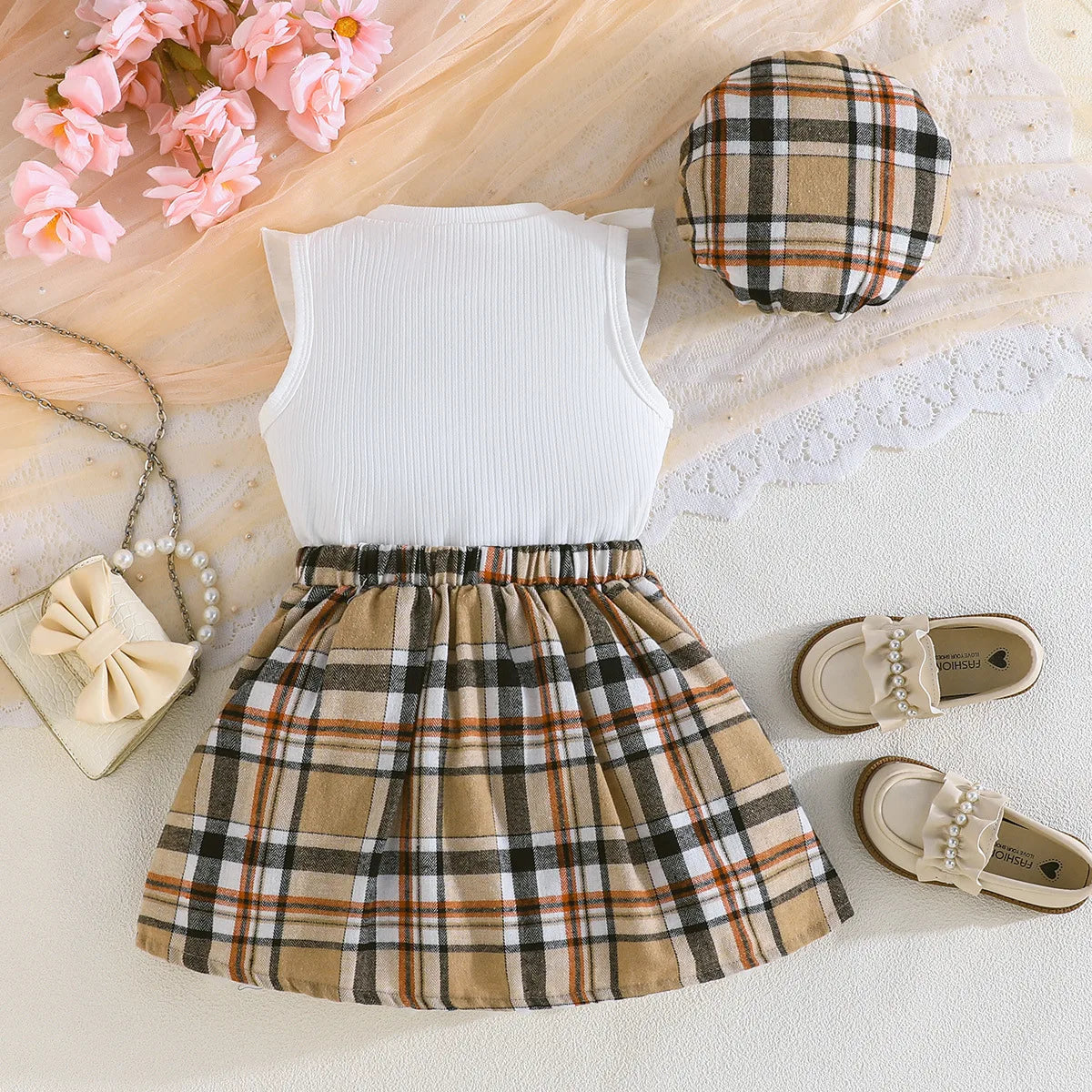 children's clothing for بنات 2-8y exquisite ruffled cuffs with bow decoration توب checkered قصير جيب with hat 3pcs طقم