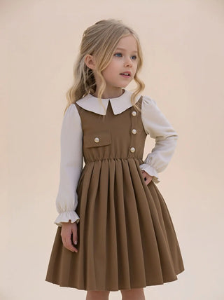 children's formal فستان for بنات small medium sizes صيف season أكمام طويلة بليسيه جيب with stitching lapel solid pattern