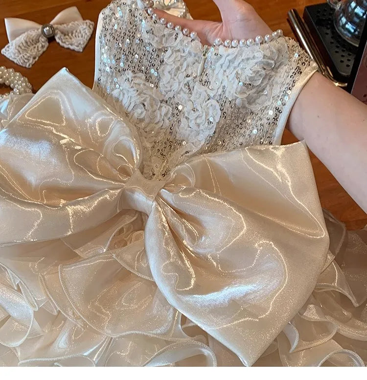 children's formal satin ball gown pageant فستان for 1-6yrs toddlers birthday party gowns baby فستان lace bow appliques