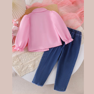 cross-border جديد بنات lapel floral pink shirt and floral jeans بدلة