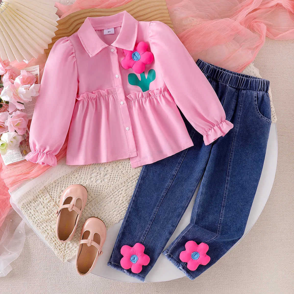 cross-border جديد بنات lapel floral pink shirt and floral jeans بدلة