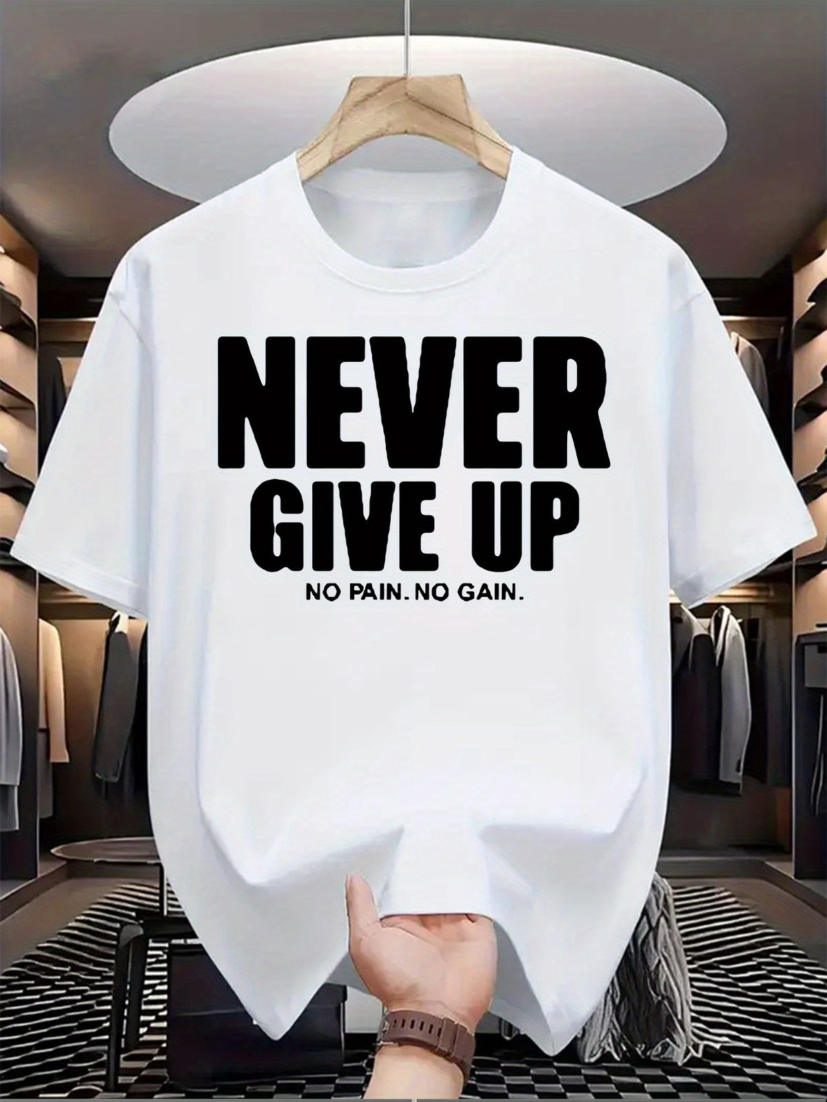 تيشيرت رجالي بأكمام قصيرة وطباعة تحفيزية "لا تستسلم أبدًا"