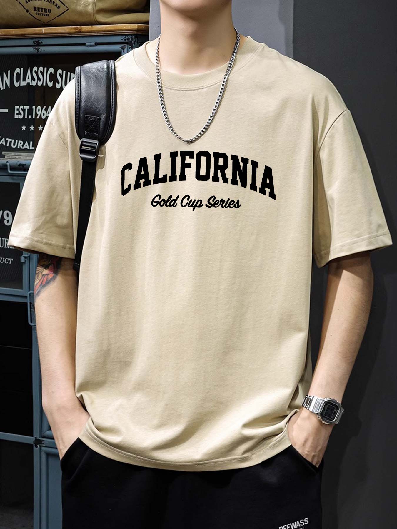 تي شيرت رجالي فضفاض 100% قطن بطباعة رسومات كاليفورنيا