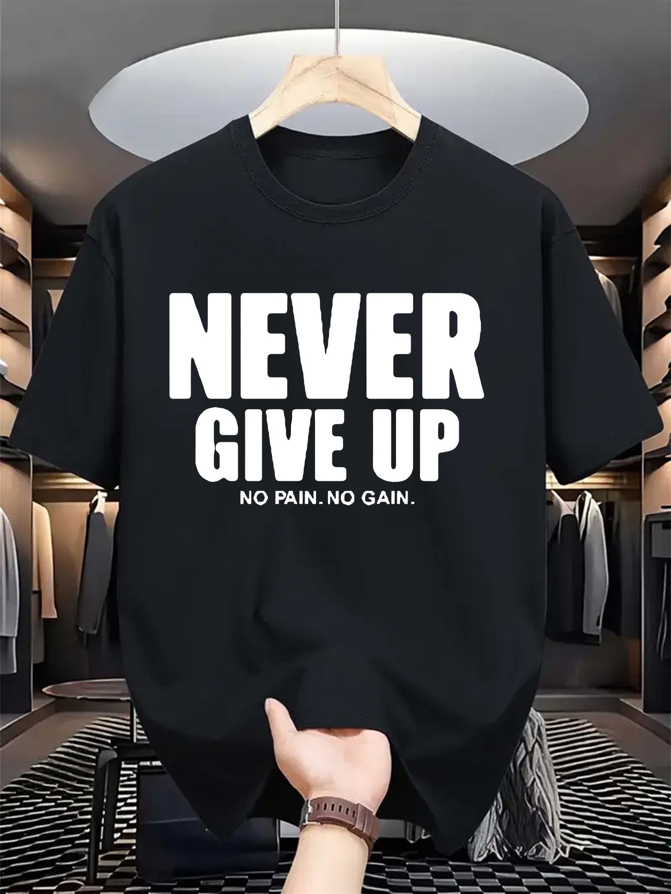 تيشيرت رجالي بأكمام قصيرة وطباعة تحفيزية "لا تستسلم أبدًا"