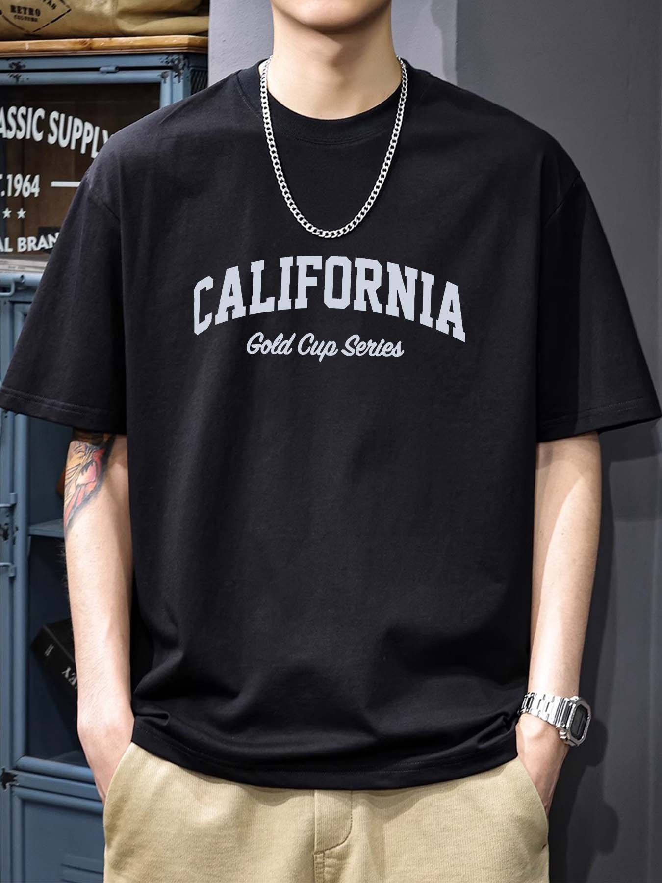 تي شيرت رجالي فضفاض 100% قطن بطباعة رسومات كاليفورنيا