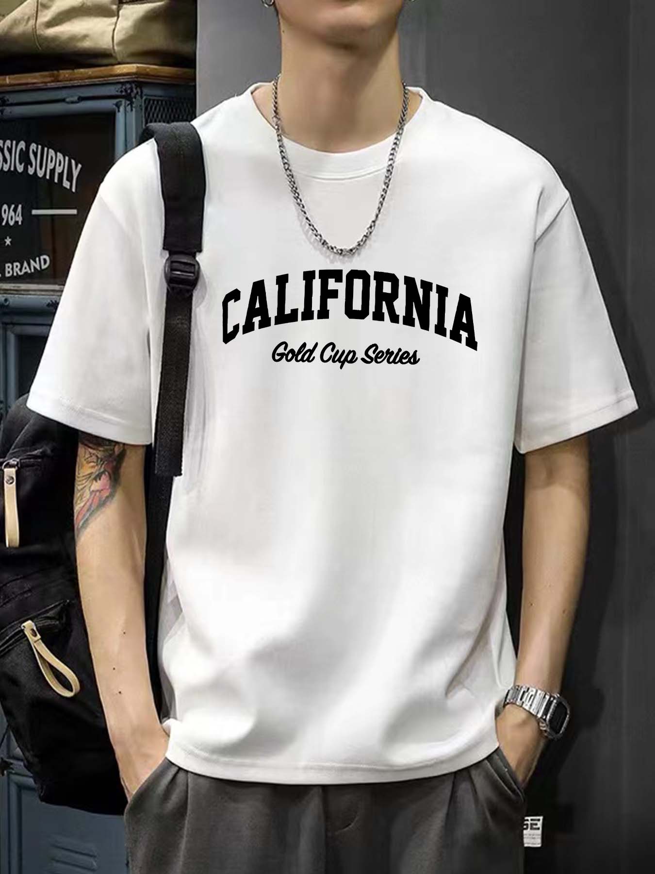 تي شيرت رجالي فضفاض 100% قطن بطباعة رسومات كاليفورنيا