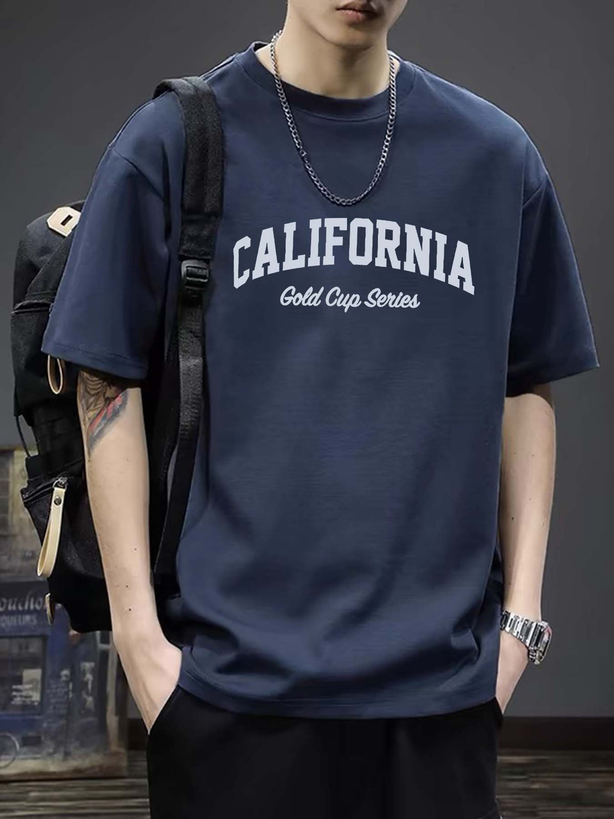 تي شيرت رجالي فضفاض 100% قطن بطباعة رسومات كاليفورنيا