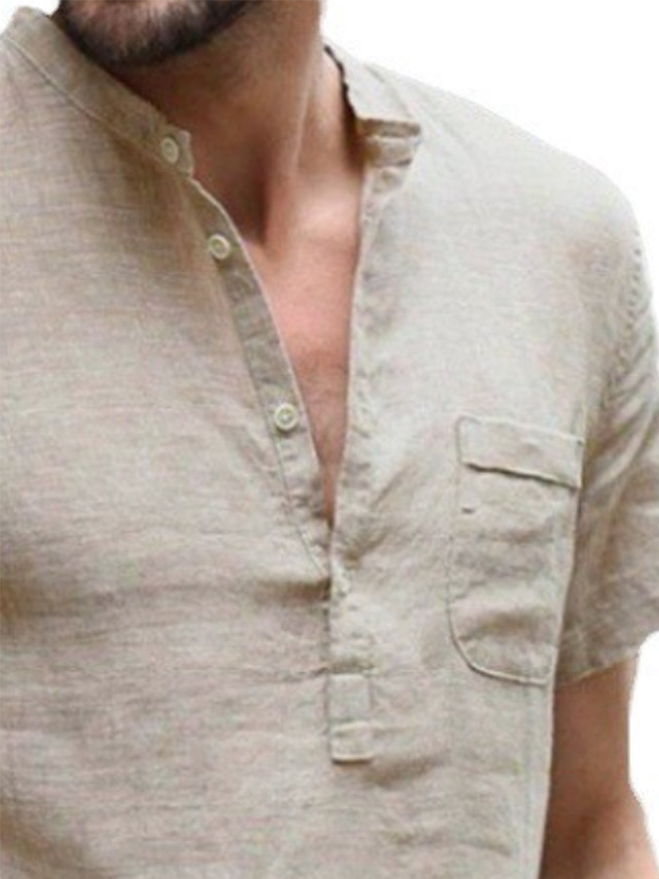 قميص رجالي خفيف الوزن من القطن والكتان بفتحة رقبة على شكل حرف V