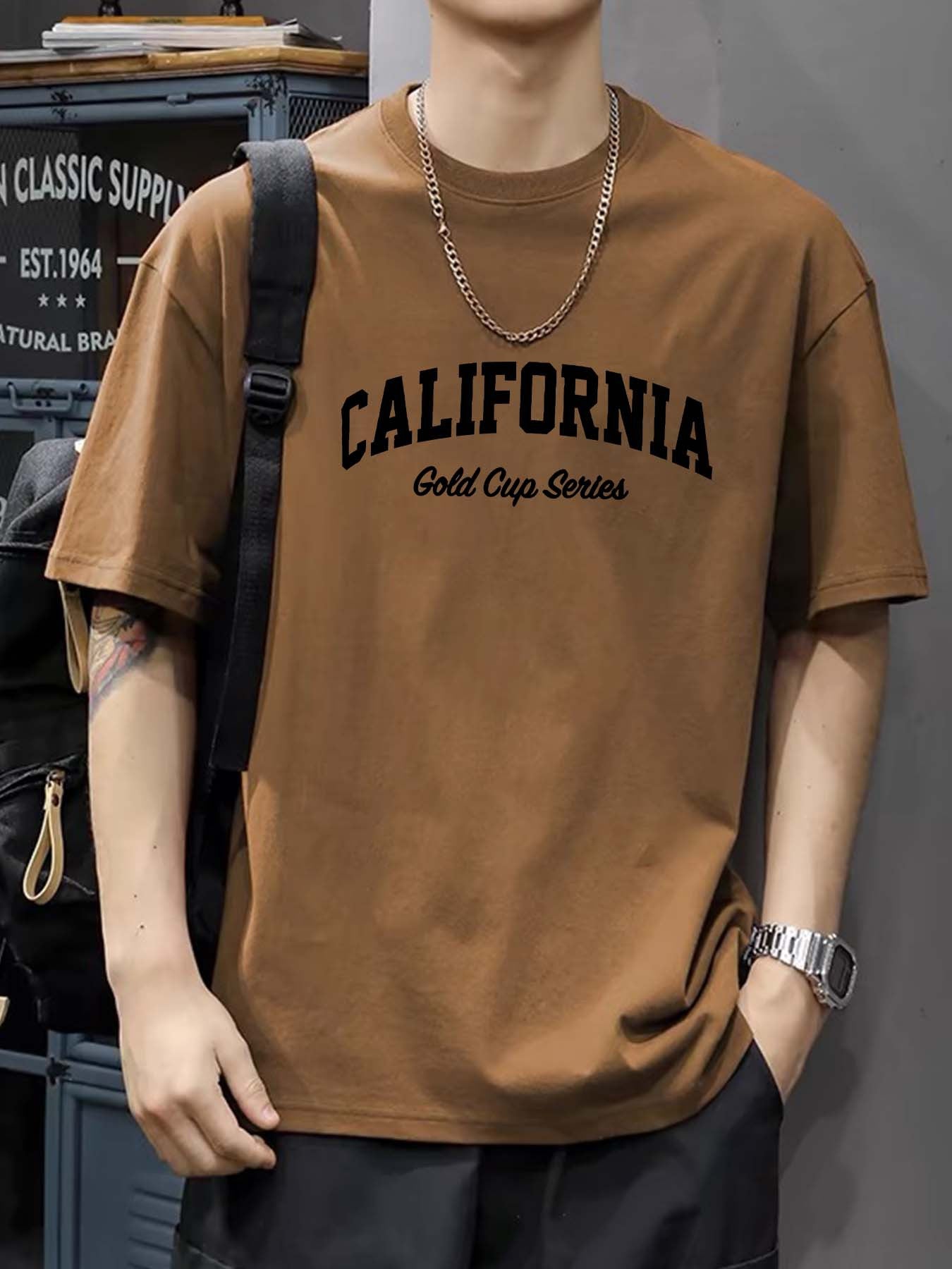 تي شيرت رجالي فضفاض 100% قطن بطباعة رسومات كاليفورنيا