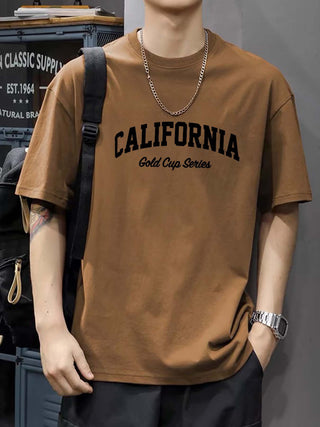 تي شيرت رجالي فضفاض 100% قطن بطباعة رسومات كاليفورنيا