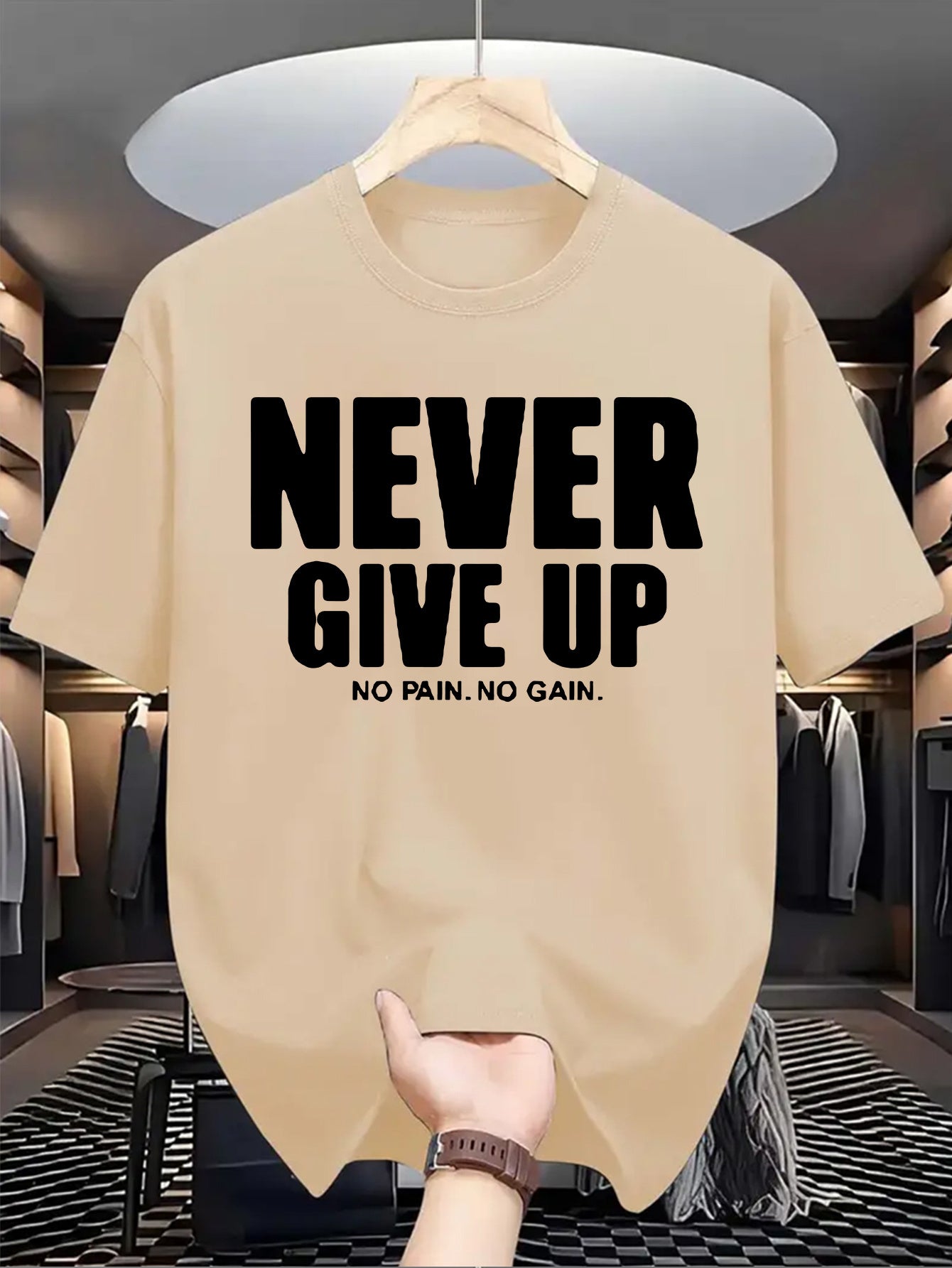 تيشيرت رجالي بأكمام قصيرة وطباعة تحفيزية "لا تستسلم أبدًا"