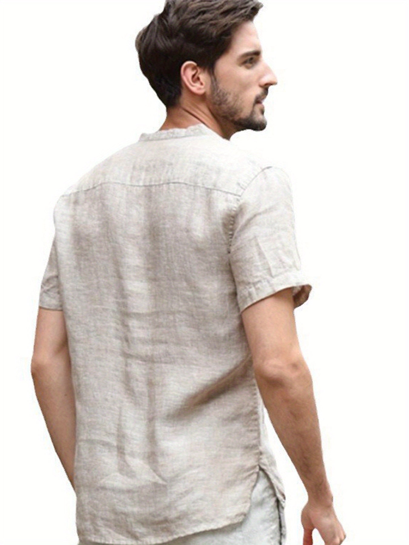 قميص رجالي خفيف الوزن من القطن والكتان بفتحة رقبة على شكل حرف V