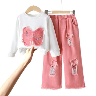 european american خريف شتاء trend كاجوال بنات' طقم قطعتين solid دينم bow embroidered توب frock pants explosion print