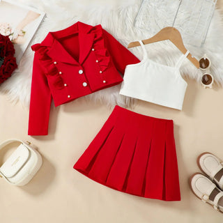 european american جديد ربيع خريف بنات' كاجوال طقم wooden ear fly كم بدلة coat camisole بليسيه جيب-three pieces طقم