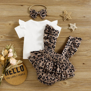 european american صيف children's romper 3pcs cotton baby fart triangle أكمام قصيرة leopard print pit strip lotus leaf design
