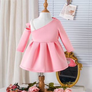 european and american ربيع وخريف جديد بنات pearl bow suspender أكمام طويلة فستان