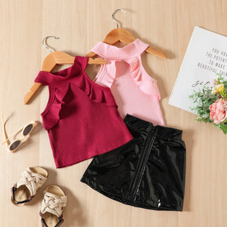 european and american ستايل صيف بدون أكمام توب and glossy leather جيب طقم for children cute plaid pattern solid color