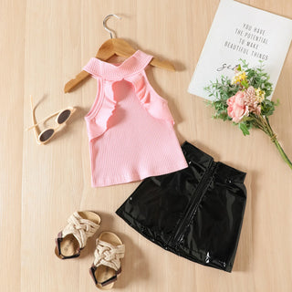 european and american ستايل صيف بدون أكمام توب and glossy leather جيب طقم for children cute plaid pattern solid color