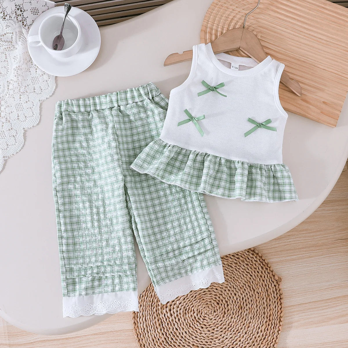 exquisite bow decoration صيف cute بنت's طقم بدون أكمام توب & lace pants