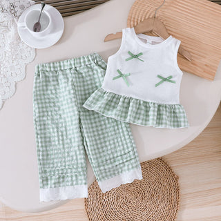 exquisite bow decoration صيف cute بنت's طقم بدون أكمام توب & lace pants