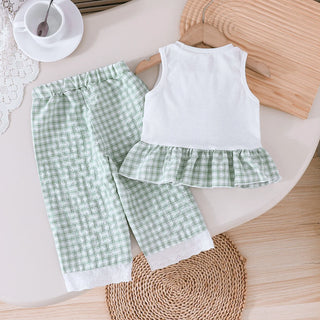 exquisite bow decoration صيف cute بنت's طقم بدون أكمام توب & lace pants