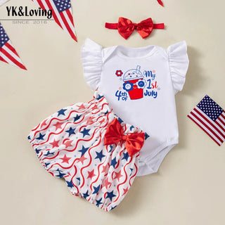 fashion newborn baby clothes baby independence day clothes printed بنات romper shorts hairbands 3 pieces طقم