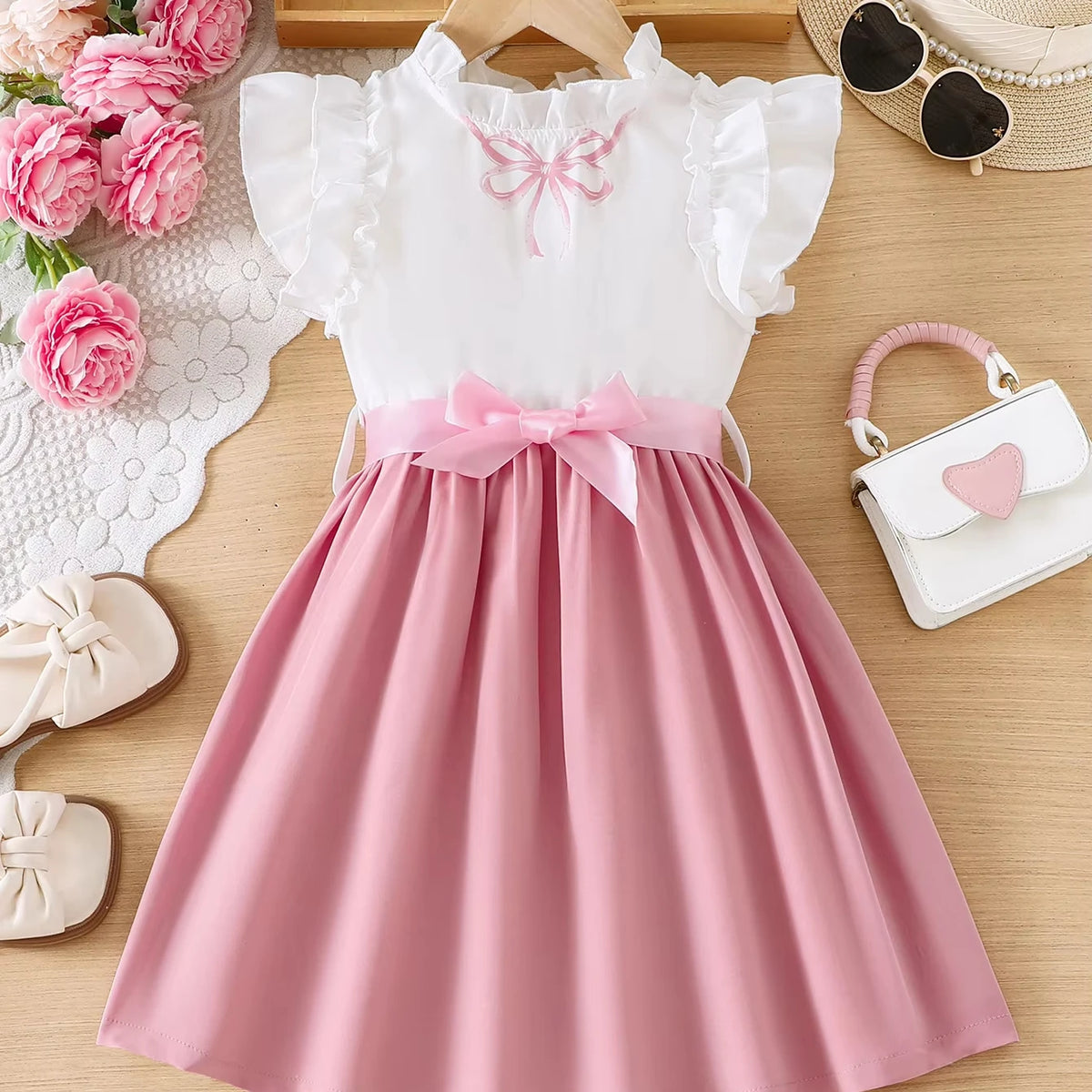 بنت's صيف بدون أكمام قصة A فستان with same color belt forest sweet and cute أميرة فستان