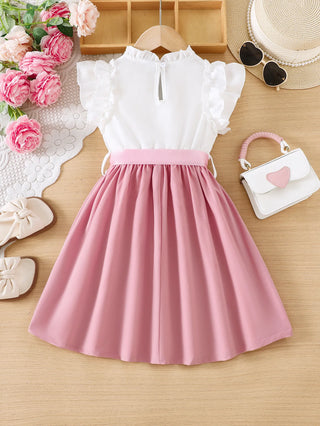 بنت's صيف بدون أكمام قصة A فستان with same color belt forest sweet and cute أميرة فستان