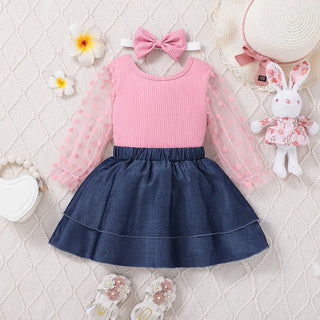 بنات' babies' children's طقم قطعتين جديد explosion تل أكمام and دينم جيب with 100% cotton headscarf 3pcs