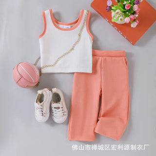 بنات' كاجوال بدلة صيف جديد بنات' baby knitted فيست paired with solid color pants طقم قطعتين