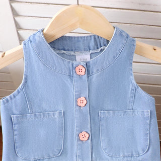 بنات كاجوال صيف clothing طقم season's جديد بدون أكمام توب with elastic بليسيه جيب children's دينم بدلة