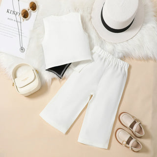 بنات كاجوال صيف طقم جديد black white contrast v-neck waistcoat solid color wide leg pants size 7 years for صيف