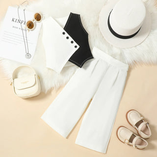 بنات كاجوال صيف طقم جديد black white contrast v-neck waistcoat solid color wide leg pants size 7 years for صيف