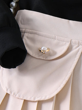 بنات كاجوال طقم قطعتين خريف flower print أكمام طويلة توب and بليسيه جيب in black