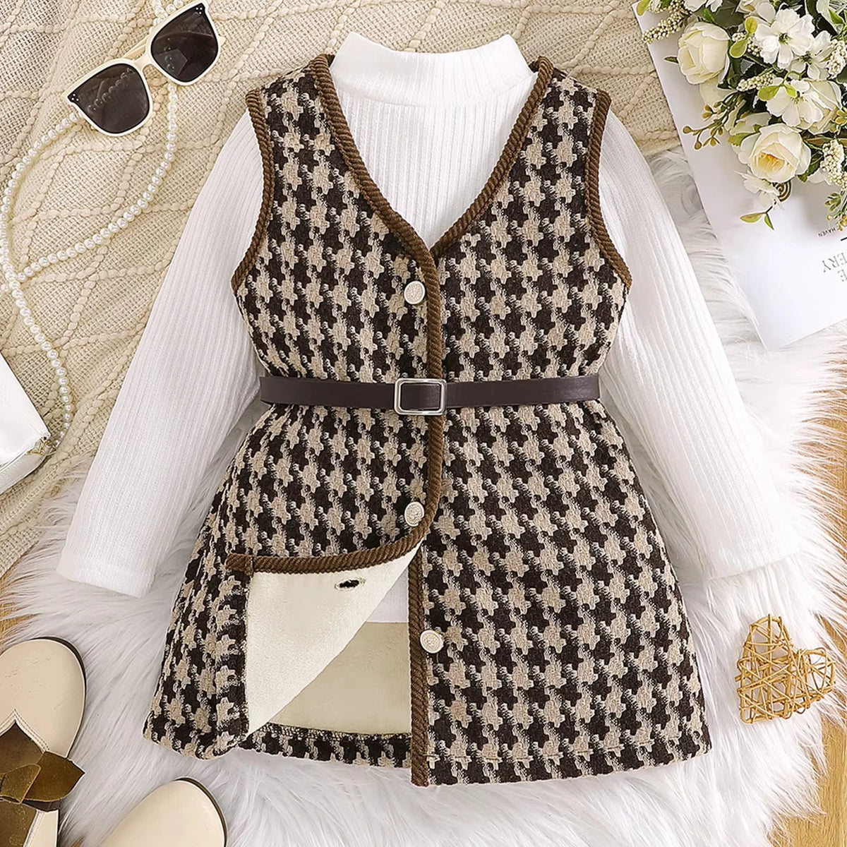 بنات composite thick plush طويل فيست jacket + pit strip high collar أكمام طويلة توب بدلة بحزام