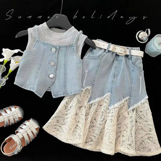بنات' طقم موضة 2025 صيف جديد بدون أكمام t-shirt cowboy strap فيست lace cowboy half جيب 3-piece طقم