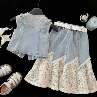 بنات' طقم موضة 2025 صيف جديد بدون أكمام t-shirt cowboy strap فيست lace cowboy half جيب 3-piece طقم