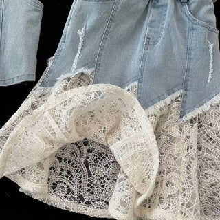 بنات' طقم موضة 2025 صيف جديد بدون أكمام t-shirt cowboy strap فيست lace cowboy half جيب 3-piece طقم