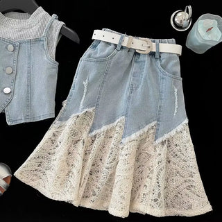 بنات' طقم موضة 2025 صيف جديد بدون أكمام t-shirt cowboy strap فيست lace cowboy half جيب 3-piece طقم