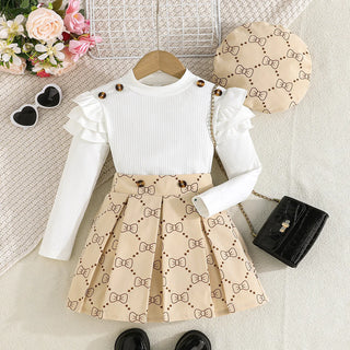 بنات' ربيع وخريف جديد sweet طقم exquisite hat solid color توب geometric بليسيه جيب 3-piece طقم