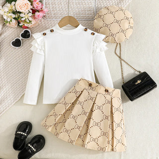 بنات' ربيع وخريف جديد sweet طقم exquisite hat solid color توب geometric بليسيه جيب 3-piece طقم